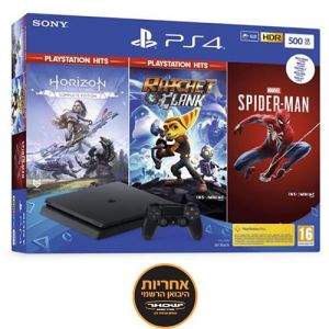 BuyWhatYouNeed קונסולות קונסולת משחק Sony PlayStation 4 Slim 500GB - צבע שחור ומשחקים Spider-Man + Horizon Zero Dawn + Ratchet & 
